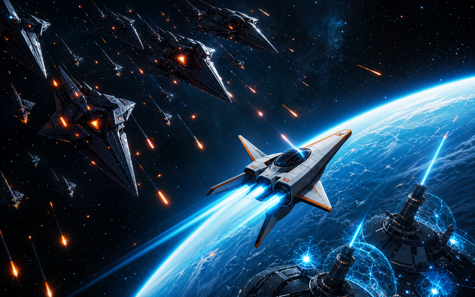 A starfighter defending a blue planet from an alien fleet