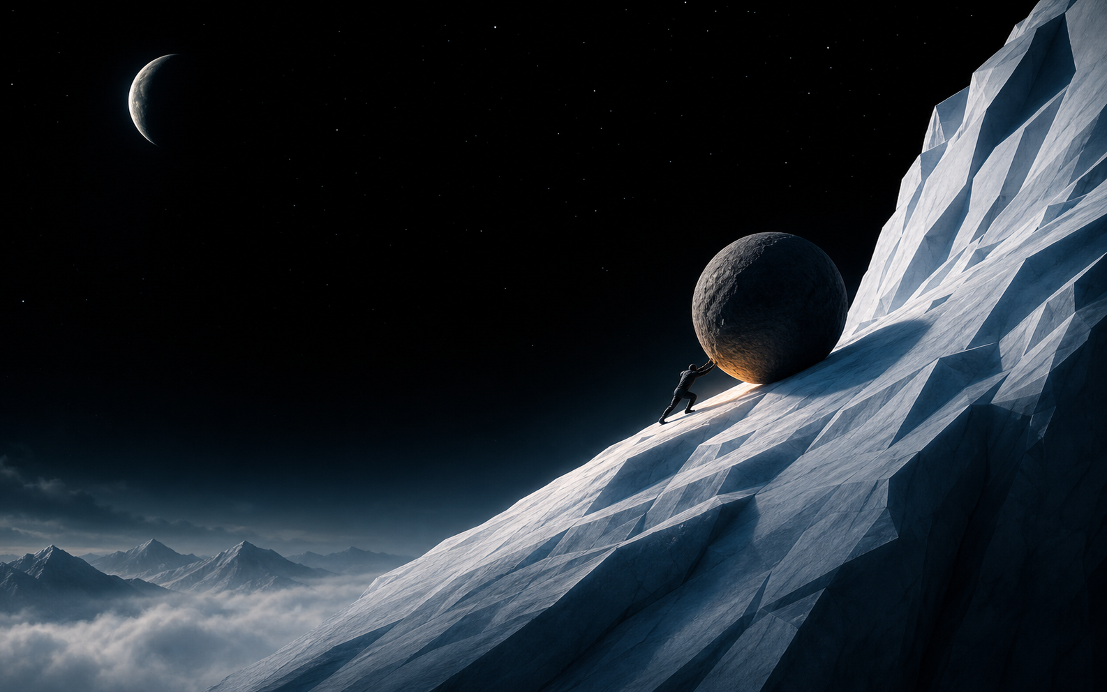 A lone figure pushing a huge boulder up an icy mountain