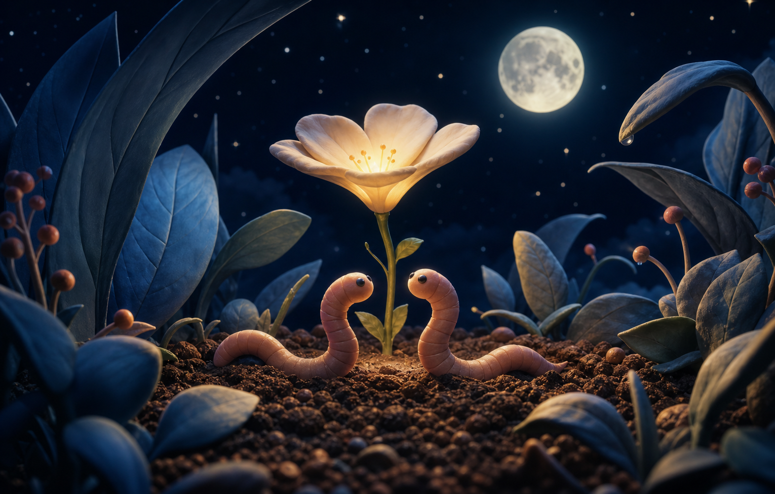 Two tiny worms meeting beneath a glowing flower in a moonlit garden